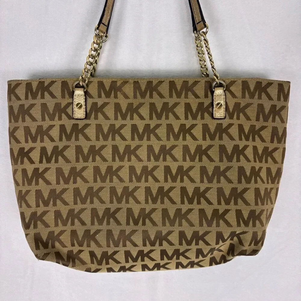 Michael Kors Brown Monogram Large Shoulder Purse with‎ Gold Straps